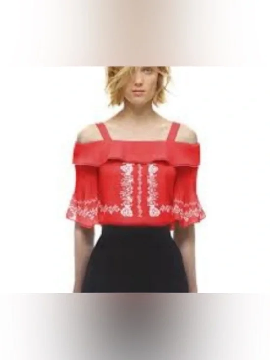 Self-Portrait Red Cold-Shoulder Ruffle Top - Picture 2 of 5